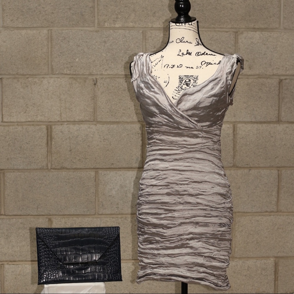 Nicole Miller silver rouched taffeta dress